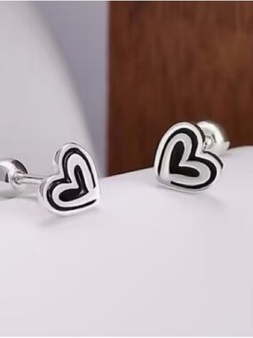 925 Sterling Silver Black Heart Stud Earrings - Women Jewelry